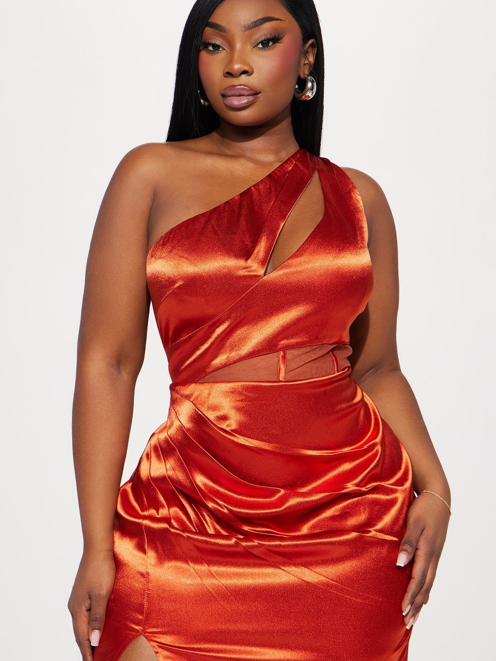 One-Shoulder Cutout Satin Dress in Cognac